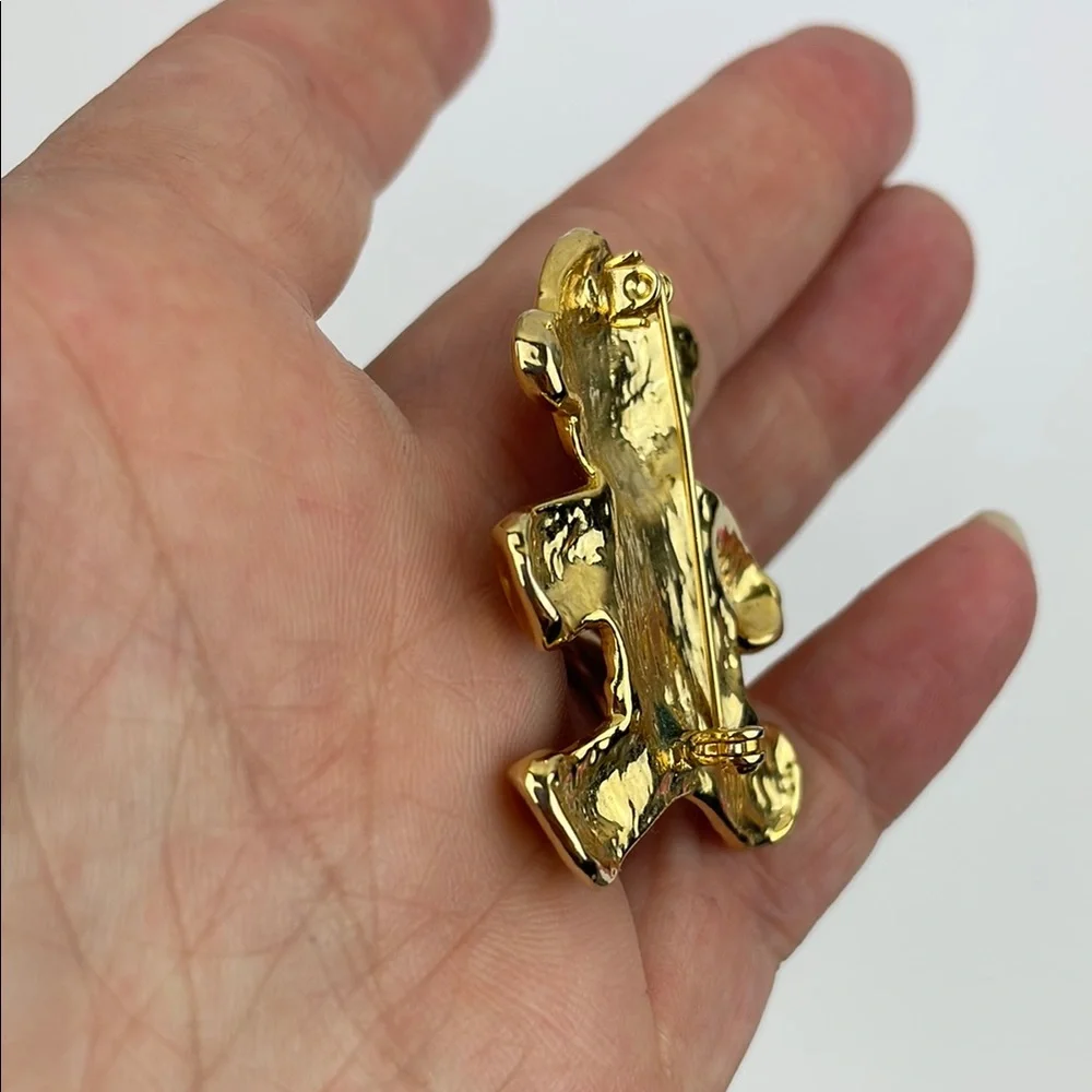 Vintage Christmas Teddy Bear Brooch Red Gold Enamel